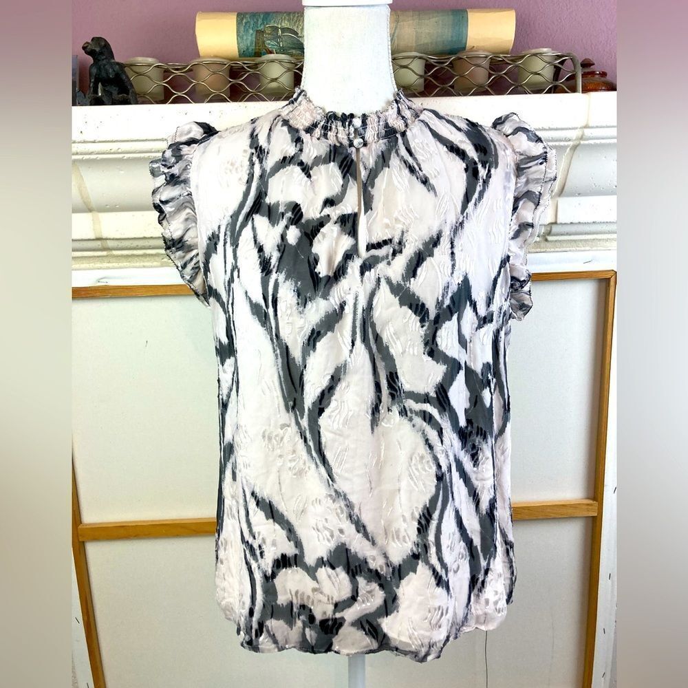 WHBM silk & velvet abstract print blouse w/high neck deep keyhole front💐